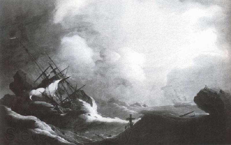 Monamy, Peter A ship running on to rocks in a violent storm Norge oil painting art